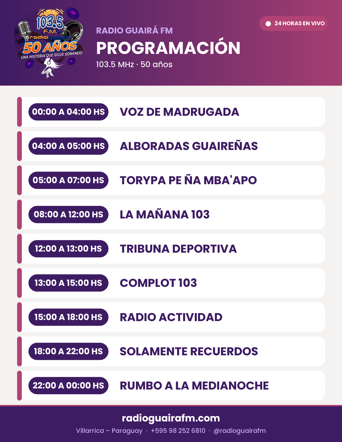 Programación de Radio Guairá FM 103.5